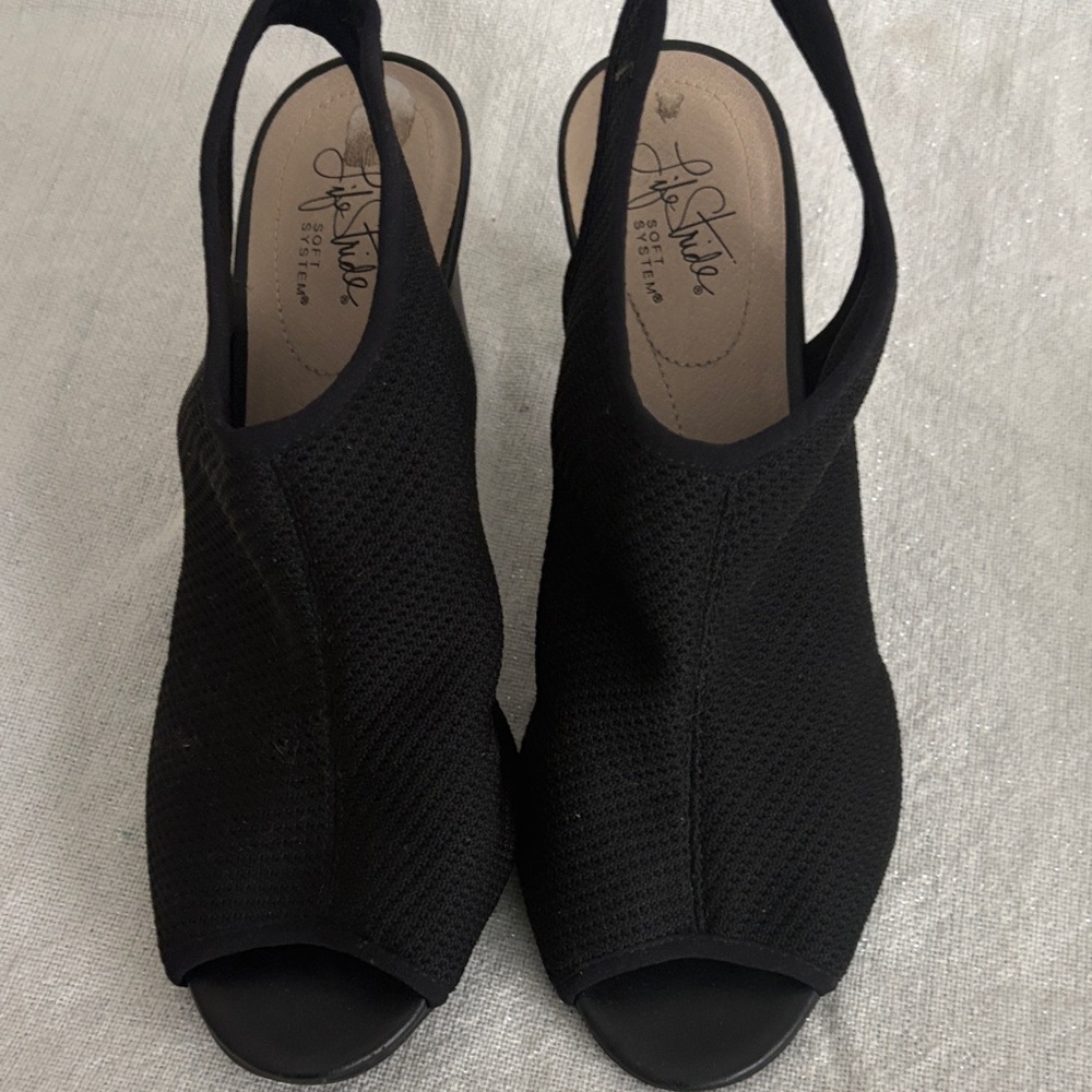 Life Stride Black Knit Slingback Peep Toe Mules